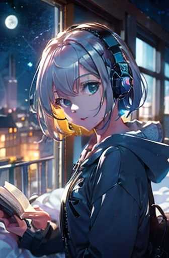 Draw a scene of someone relaxing in a spacious bedroom. The character is a short, bob-haired woman with silver hair wearing a pastel-colored hoodie, wearing headphones and reading a book. The background has three large windows with a full moon and a starry sky. I would like a vibrant color and anime style. Please also add floating magical lights around the character.