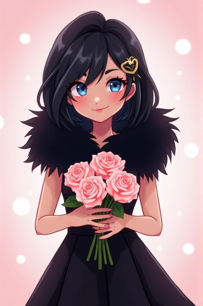 make a youtube profile picture of an animated roblox girl with black hair winking and with a black fur hood black dress and a rose bouquet with light pink background and blue eyes