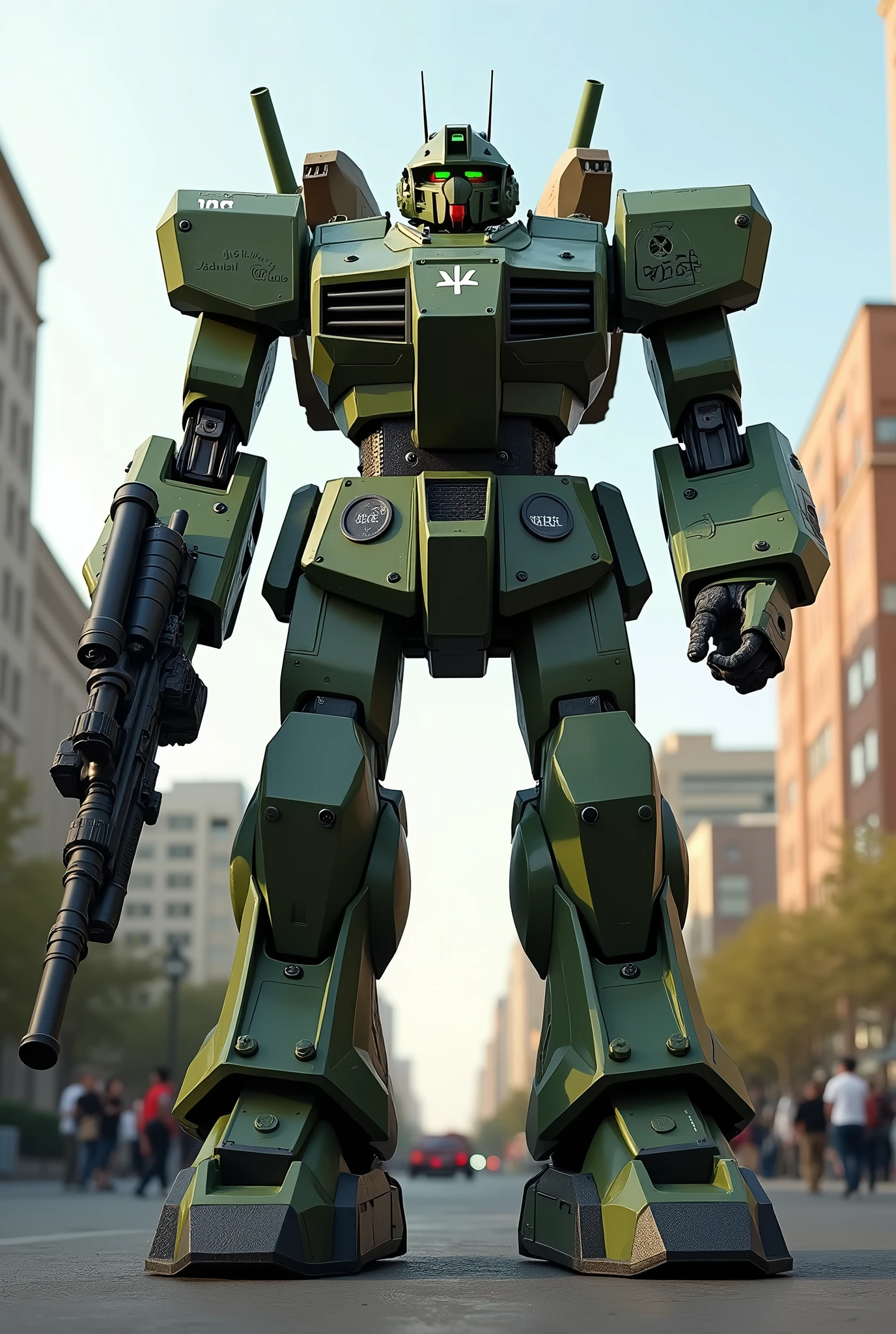 green multicamo military robot, U.S. Military-issue, real robot, mecha, piloted vehicle, inspired by Mobile Suit Gundam, tank-threads on the feet, (holding a machine gun:1.2), shoulder-mounted hellfire missile podes, battle action pose, perspective, cowboy shot, walking, 12 tool tall, Denver, daytime, people running for their lives, war atmosphere.