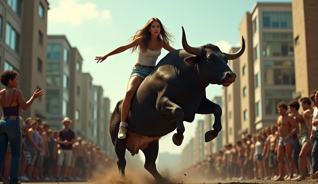 surreal photo, taken from camera, modern town scene, a young american woman, long hair, scared face riding a bull, the bull angrily raises its 2 front legs to throw the woman to the ground, around are many people panicking