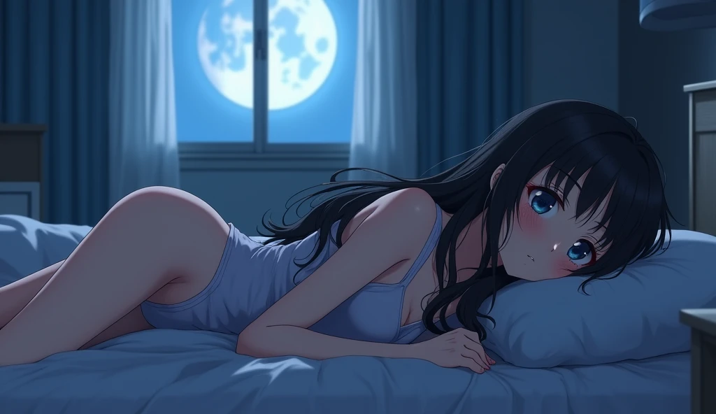 (photorealism:1.2), beautiful anime girl, lying on bed, facing the camera, body turned towards the camera, legs slightly spread, slightly blushing face, long black hair, open arms, slightly sweaty face, night scene, in bed, soft moonlight, simple bedroom, realistic, intricate details, cool colors, by Makoto Shinkai, by Hayao Miyazaki