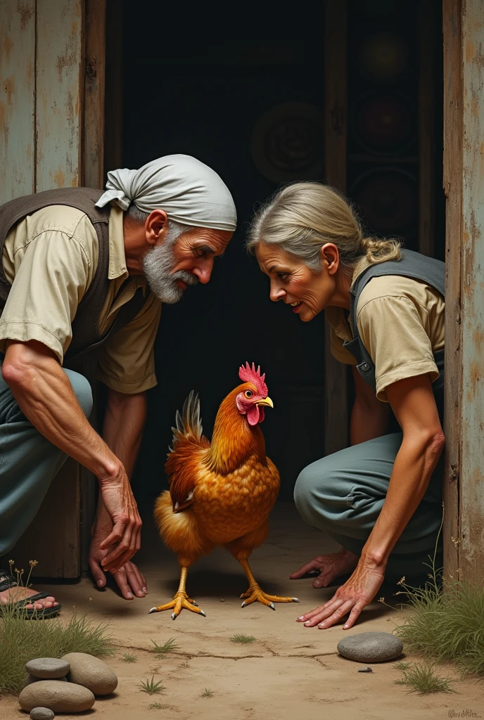 The Moment of Greed:

The farmer and his wife plotting or looking greedy, with a plan to kill the hen.
The hen looking worried or scared.