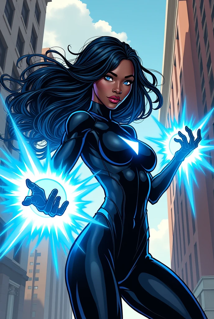 Black woman, with long hair and blue highlights, with sparkling eyes, with blue powers coming out of his hands, saving the city from the villain. in comic book style drawing