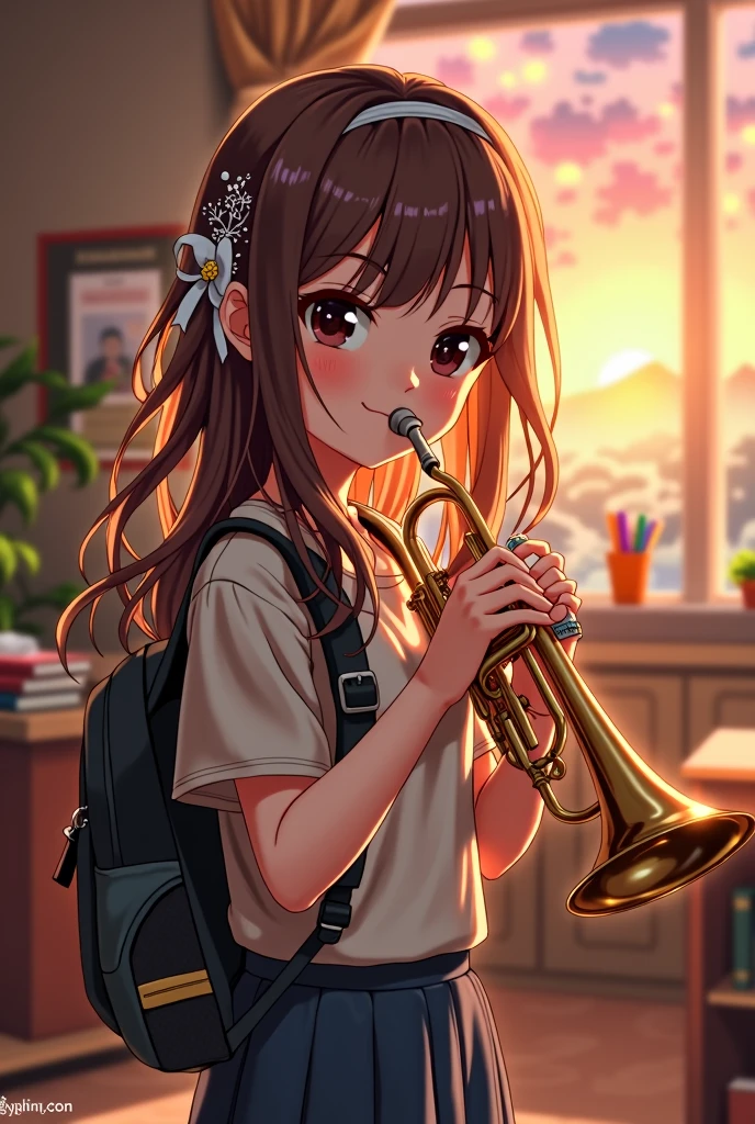 Standing and playing the trumpet、One girl, High resolution, Brown Hair, masterpiece, accurate, Highest quality, detail, 高いdetail, Very detailed, Ultra high definition, Shortcuts, Bright Eyes, Sparkling eyes, Close-up, , far and near method, Cinematic light effects,  Digital Art, School club practice、Student bag、Book、pencil、
Musical score、Window、sunset、smile, Headband, Cowboy Shot, Cowboy Shot, Front blur, Wide-angle shot, ribbon, Gaze, Character portrait, Character portrait, 