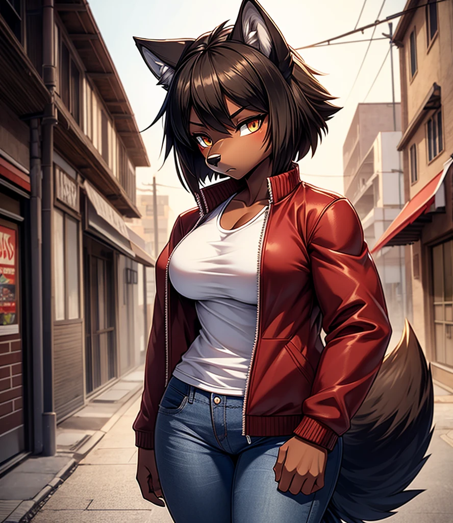 By r-mk, ((Wolf)) (woman) ((brown skin)) standing straight, red cotton jacket, white t-shirt, jeans, black hair, [[serious face]], female eyes, tall woman (furry), ((muscles)), 30 years old, [medium size breast], ((cotton jacket)), [[short hair]], detailed face, good anatomy, well illuminated, sidewalk, ondulated hair, [wolf snout], solo, [face close up], short wolf tail, 2d, 1girl