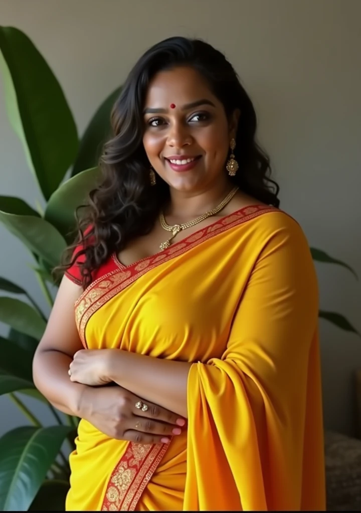 A curvy srilankan  thirty-nine year old women  wearing a jeans and low neck top