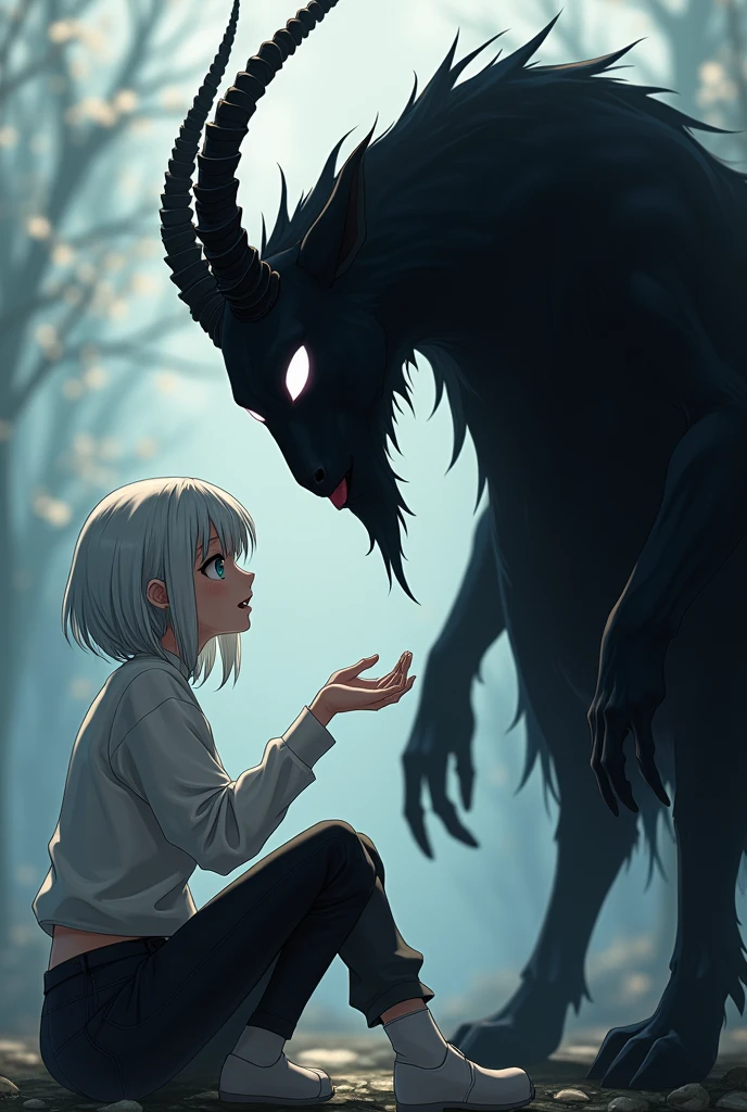 Anime Style Characters:
On the right is a large, dark figure resembling an anthropomorphic goat with demonic features.. It has a completely black body, delgado, and no visible facial details, except for his bright white eyes that stand out on his gloomy face. Its head has two long, twisted horns that give it a disturbing and mysterious appearance.. He is dressed elegantly, He is wearing a dark suit, Although its details blend with its black figure.
at your side, There is a young adult woman, with blue right eye and green left eye, short white hair. She is dressed in a white blouse and black jeans and her expression is cheerful and curious.. She is sitting on the ground and seems to extend her hand towards the dark figure., interacting with him in a friendly and fearless manner, which contrasts sharply with the sinister appearance of the creature.
action:
This interaction expresses a relationship of closeness and trust between the two., Despite the creature's terrifying appearance.