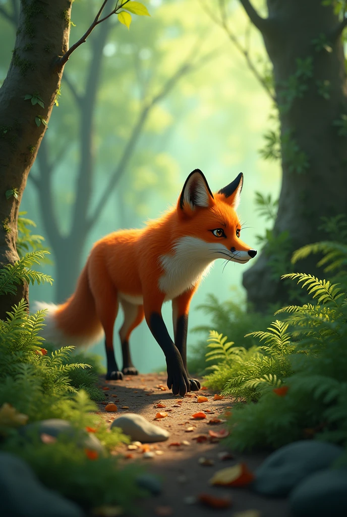 Forest Scene with a Hungry Fox: In a serene forest setting, a lone fox with a sleek coat is cautiously moving through the underbrush. The environment is filled with natural elements like ferns, moss-covered rocks, and fallen leaves. The fox's expression shows determination as it continues its search for food.