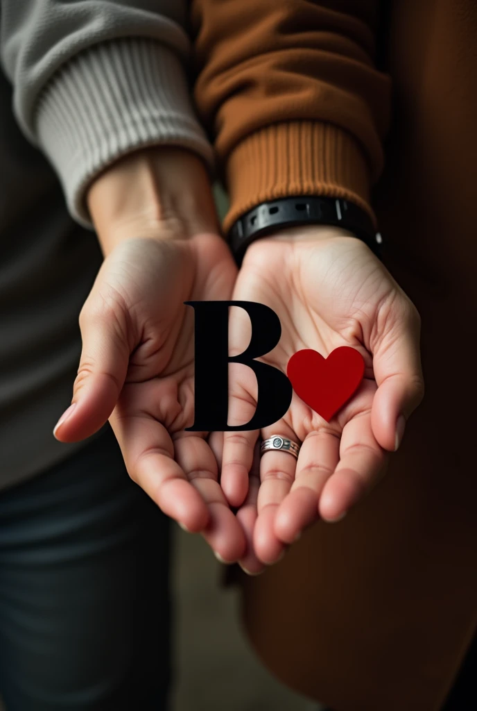This image captures a close-up of two people holding hands, symbolizing affection and connection. Both individuals are wearing rings, and the person on the left is also wearing a wristwatch. In middle of the hands upside there is a large letter "B" in a black font accompanied by a small red heart, emphasizing the theme of love or a special bond. The overall tone of the image is warm and intimate, reflecting a moment of togetherness.