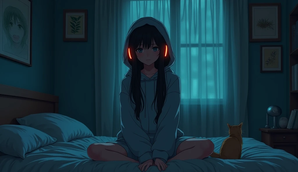 8k、night、dim、high school girl、Mature、long hair、Hooded sweatshirt、Using headphones、bed、Cat、 2D-style animation, Lo-Fi、Retro、アニメ調An illustration、An illustration