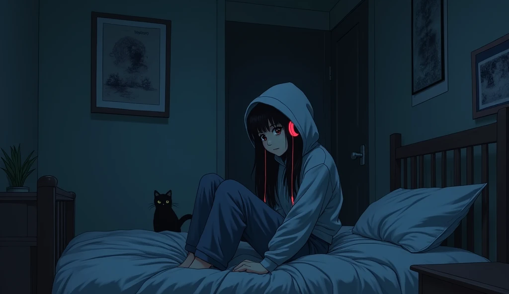 8k、night、dim、high school girl、Mature、long hair、Hooded sweatshirt、Using headphones、bed、Cat、 2D-style animation, Lo-Fi、Retro、アニメ調An illustration、An illustration