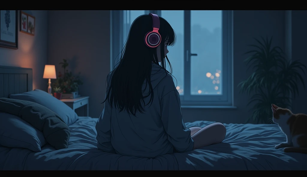 8k、night、dim、high school girl、Mature、long hair、Hooded sweatshirt、Using headphones、bed、Cat、 2D-style animation, Lo-Fi、Retro、アニメ調An illustration、An illustration
