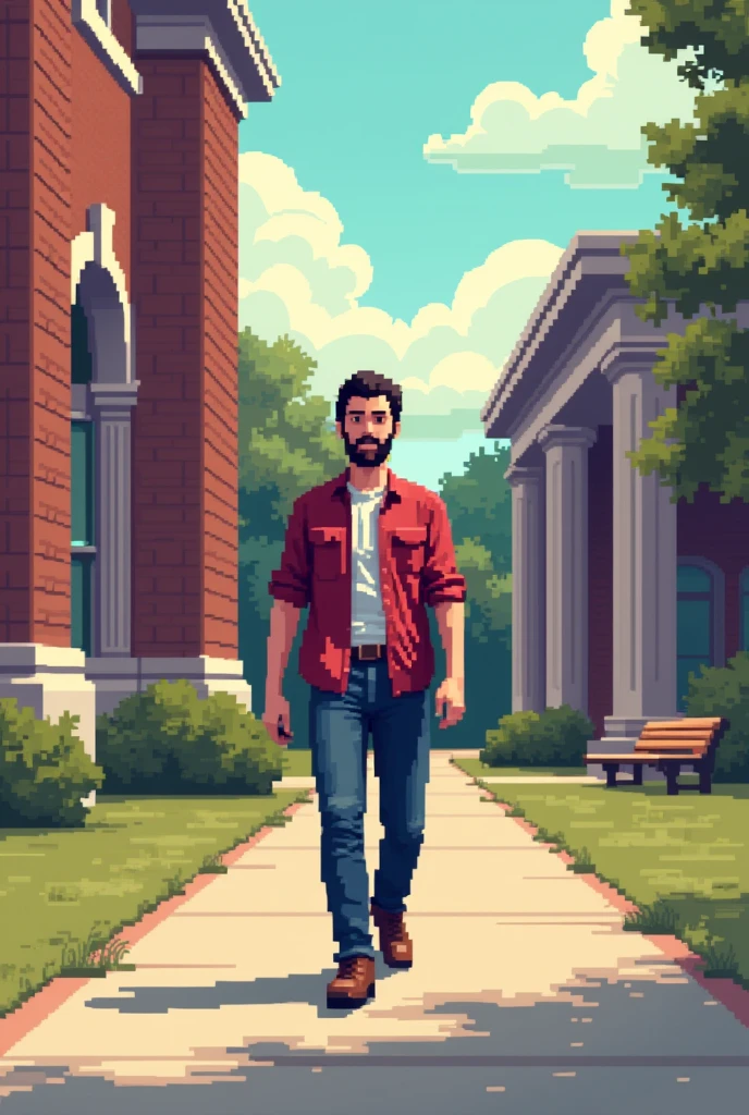 Pixelated man walking and whistling in college more picel