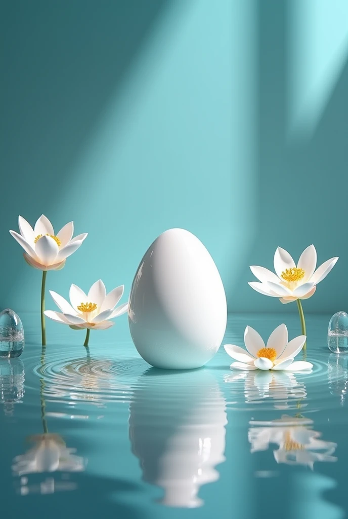 
"Create a standout and glamorous perfume bottle image, place a minimalist egg image in the middle of the jar, around the bottle place a white lily and a lotus in full bloom on a soft background of crystal clear water. Flowers should be surrounded by a luminous aura, evoking a sense of purification and spiritual renewal."