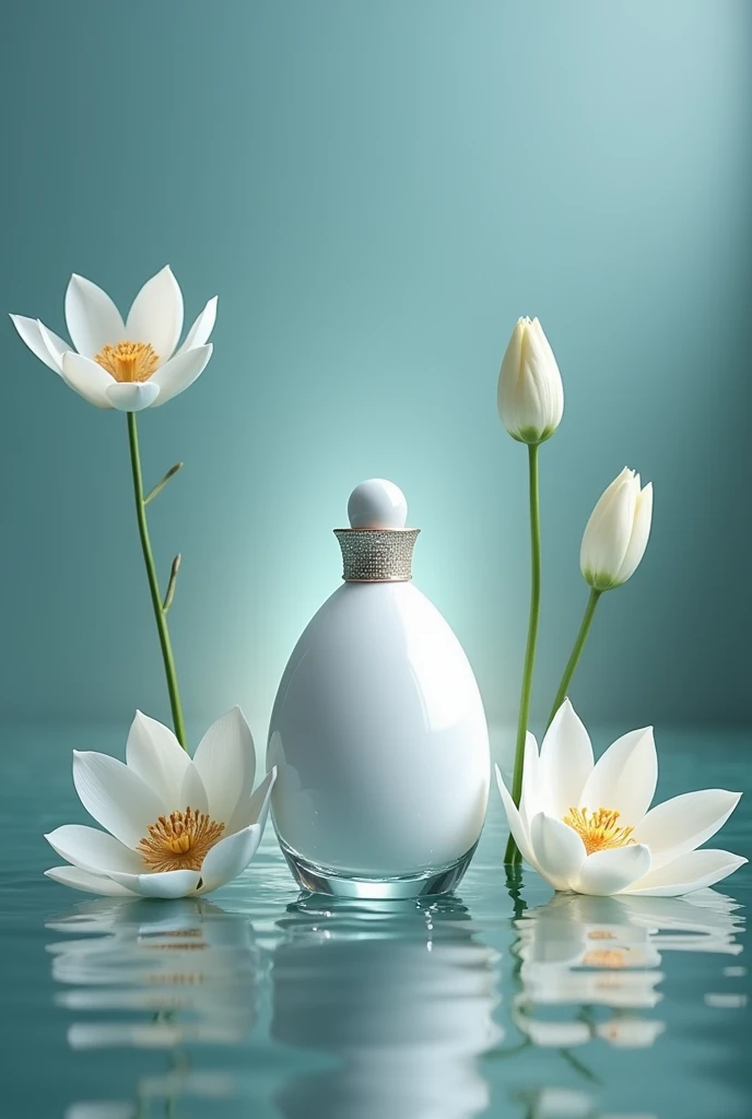 "Create a standout and glamorous perfume bottle image, place a minimalist egg image in the middle of the jar, around the bottle place a white lily and a lotus in full bloom on a soft background of crystal clear water. Flowers should be surrounded by a luminous aura, evoking a sense of purification and spiritual renewal."