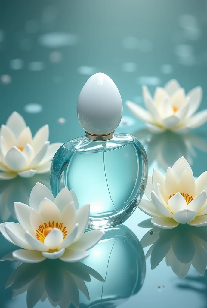 
"Create a standout and glamorous perfume bottle image, place a minimalist egg image in the middle of the jar, around the bottle place a white lily and a lotus in full bloom on a soft background of crystal clear water. Flowers should be surrounded by a luminous aura, evoking a sense of purification and spiritual renewal."