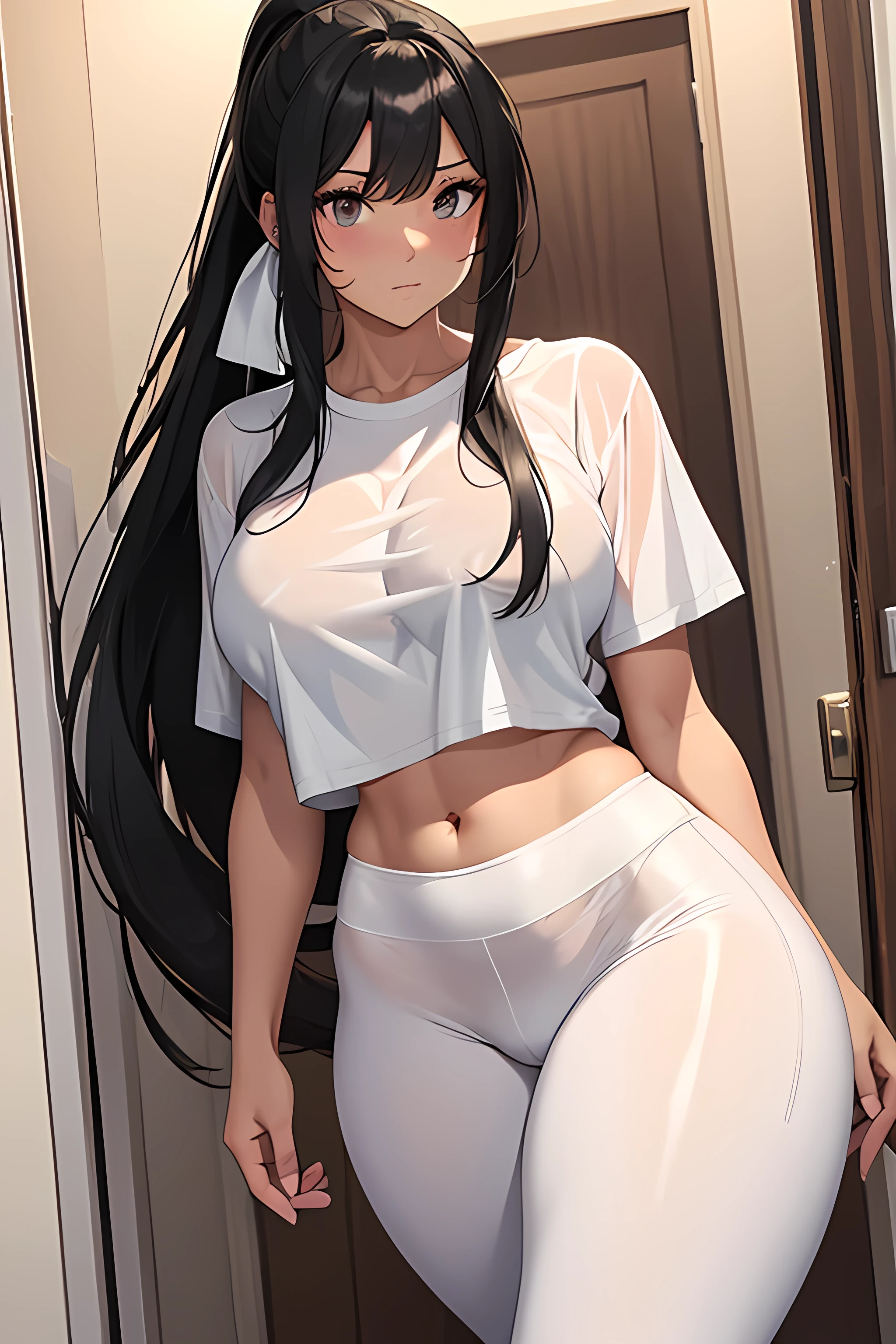 adult woman,clear and tan skin tone,long ponytail black hair,large oversized White tshirt,White leggins,medium breasts,thicc thighs,looking at viewer,waiting on the door of bedroom,blushing heavily, large room,opened door,bored face,4 pack abs visible through barely wet shirt,adjusting hair,ponytail
