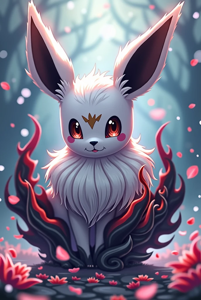 fairytale Pokémon Eevee white hair and red with sharingan and black flame around the body