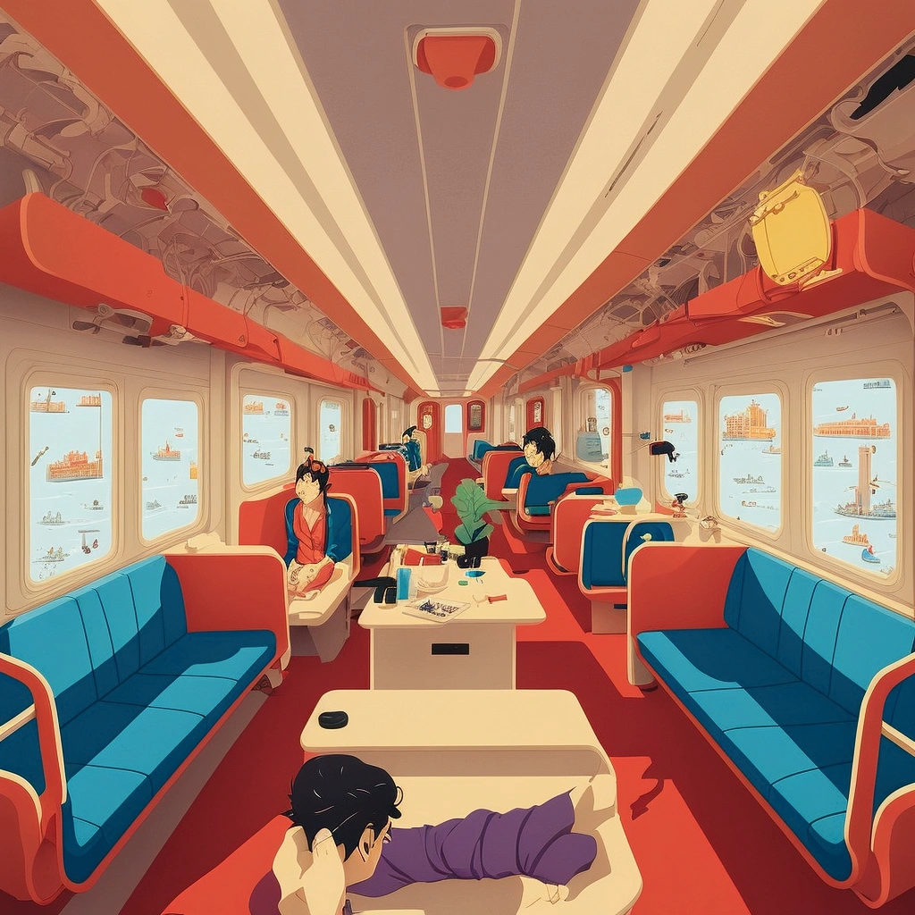 Brightly colored train carriage seats and windows, author：Okuda Motoso, The black ones sam miguel, The black ones, inspired author：Okuda Motoso, author：Hiroshi Nagai, author：Kose Kanaoka, Inspired by Wes Anderson, Super Maximization, Hyperpolarization, Kenny Scharf, inspired author：Hiroshi Nagai