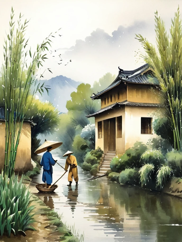 There is a stream in front of the tile house，There are two men carrying hoes，There are willow trees by the river，bamboo，swallow，rain，Ink wind，Simple picture