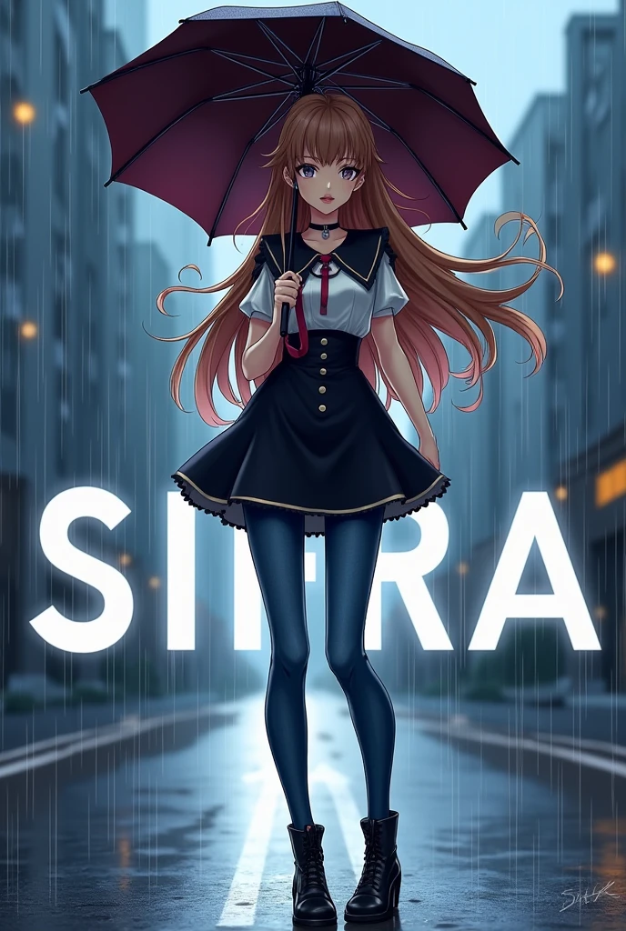 Beautiful girl in a anime her hair is long and brown and golden brown and black colour she is holding umbrella and standing in a road and rain she wearing she wearing black shoes and jeans and a frock the frock colour is black Plus white smiling and also she is a player a lipstick and makeup and write the name Sifra in big letterss
