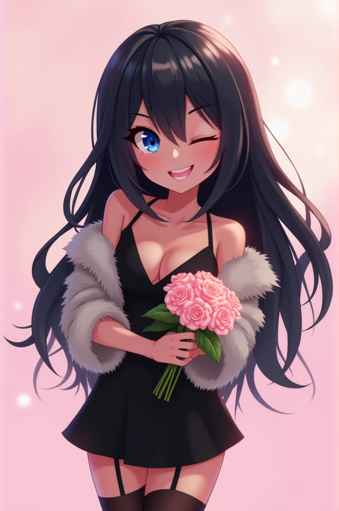 make a youtube profile picture of an animated roblox girl with black hair winking and with a blacl fur hood black dress and a rose bouquet with light pink background and blue eyes