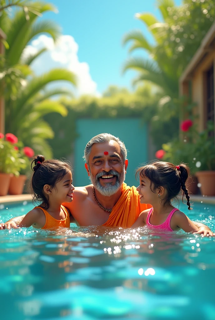 Create a image of a Indian man enjoying in a pool with his childrens