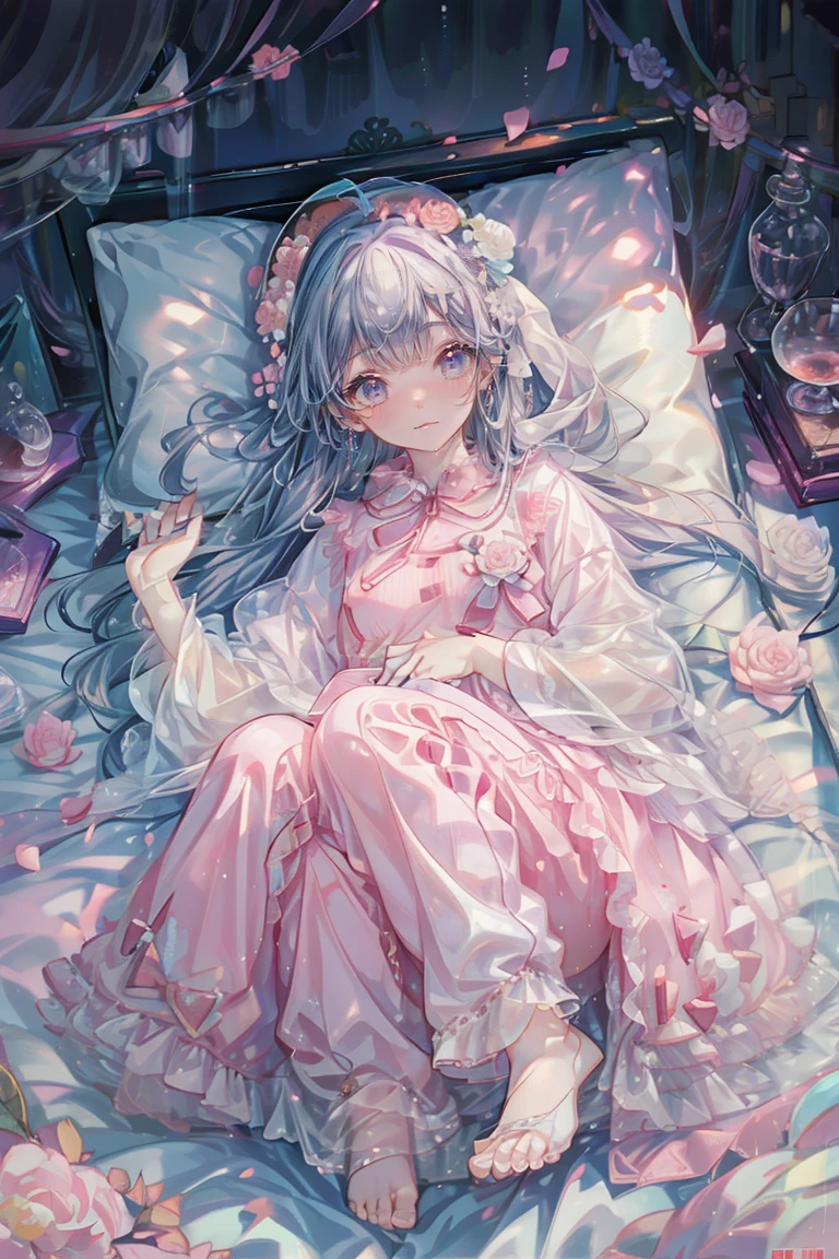 Sleeping in bed、Anime Style、Storytelling、、beautiful girl、とてもcute天使、Pink pajamas、cute、Baby Face、、surrounded by lots of roses