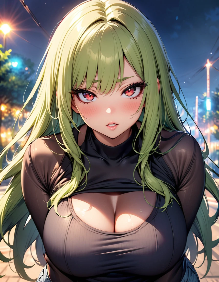 Ultra, high resolution, 1girl, solo, green hair, straight hair, long hair, ((red eyes)), glowing eyes, sultry eyes, juicy lips, plump lips, glossy lips, soft blush, dolly face, eyelashes, eyeliner, large breasts, pale skin, ((black tight shirt)), ((denim shorts)), park background, warm lightning, very detailed clothes, very detailed face, very detailed eyes, very detailed hair, ultra, best quality, masterpiece, looking at viewer, posing seductively, sensual glare. 