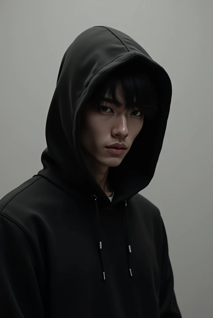 Japanese man wearing a pure black hooded sweatshirt