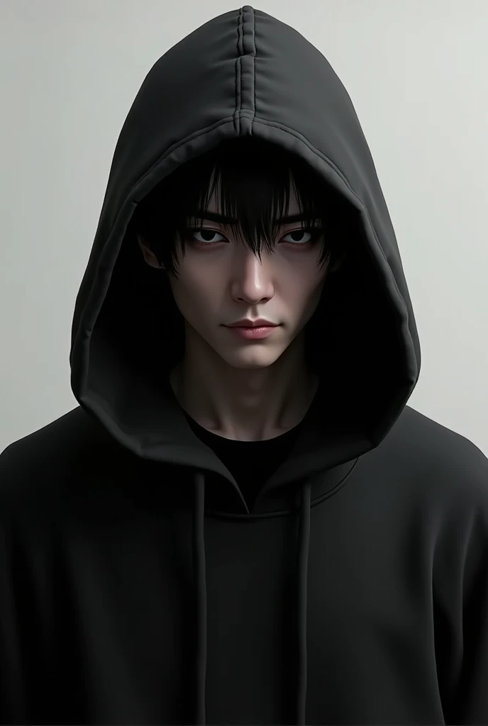 Japanese man wearing a pure black hooded sweatshirt