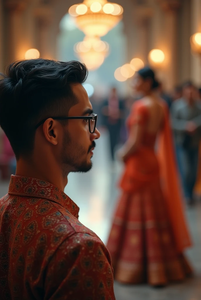 A man wearing glasses, clean shave show her crush far away wearing Indian dress for the first time