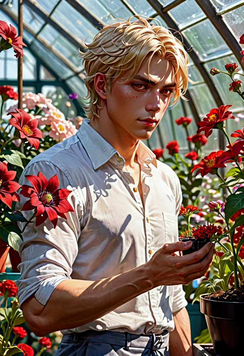 extremely delicate and beautiful, Amazing, finely detail, masterpiece, ultra-detailed, highres,best illustration, best shadow,intricate,sharp focus,  high quality, 1male, solo, blond hair. red eyes, kaveh genshin impact, glass greenhouse, flowers in pots, flowers for sale, man looking at flowers, flowers everywhere