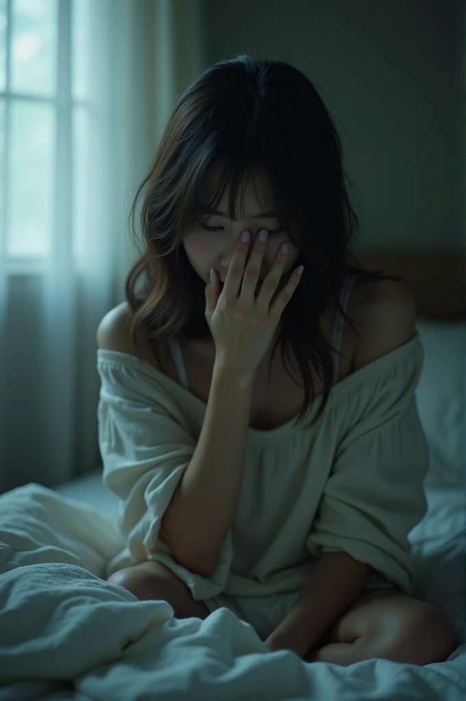 bed、Dimly lit room、Crying face、Cover your mouth and nose with one arm、Looking into the camera、、Cute type、Japanese women、Selfie