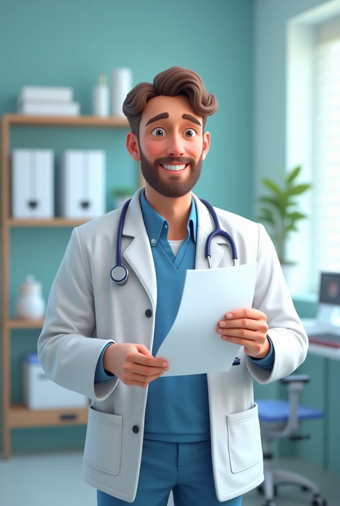 A doctor in the clinic，Smiling，Holding a health report