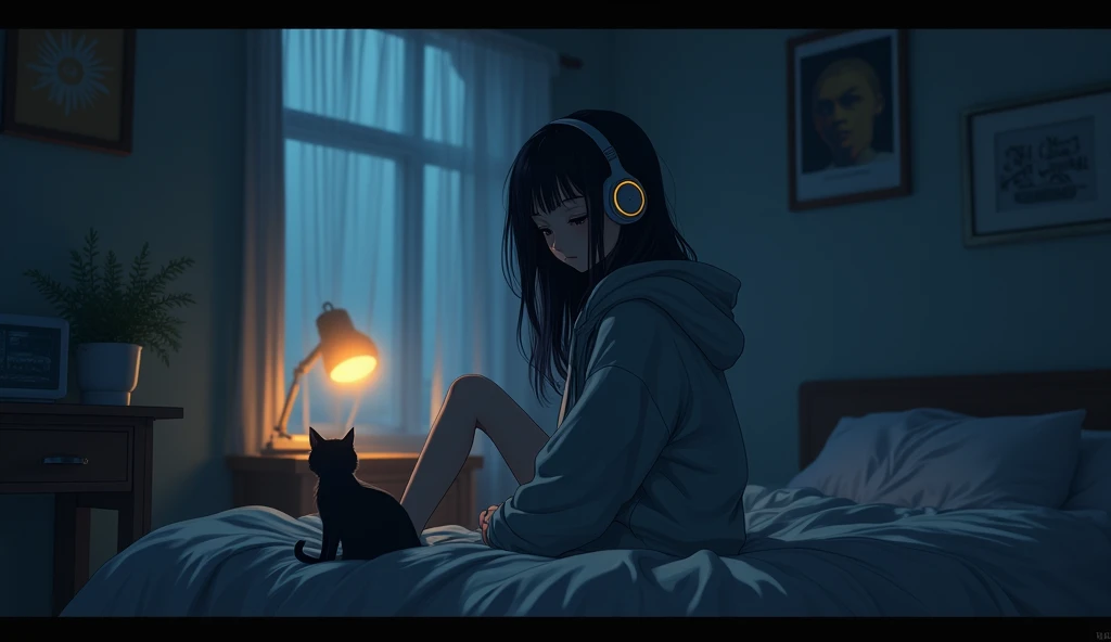 8k、night、dim、high school girl、Mature、long hair、Hooded sweatshirt、Using headphones、bed、Cat、 2D-style animation, Lo-Fi、Retro、アニメ調An illustration、An illustration