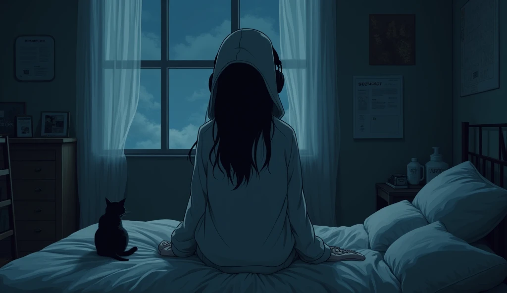 8k、night、dim、high school girl、Mature、long hair、Hooded sweatshirt、Using headphones、bed、Cat、 2D-style animation, Lo-Fi、Retro、アニメ調An illustration、An illustration