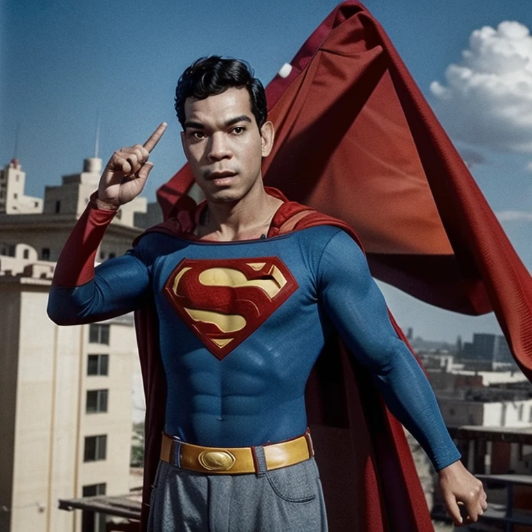 (Best Quality:1.3), masterpiece, Cantinflas dressed as Superman on top of a building with his cape waving, Whole body