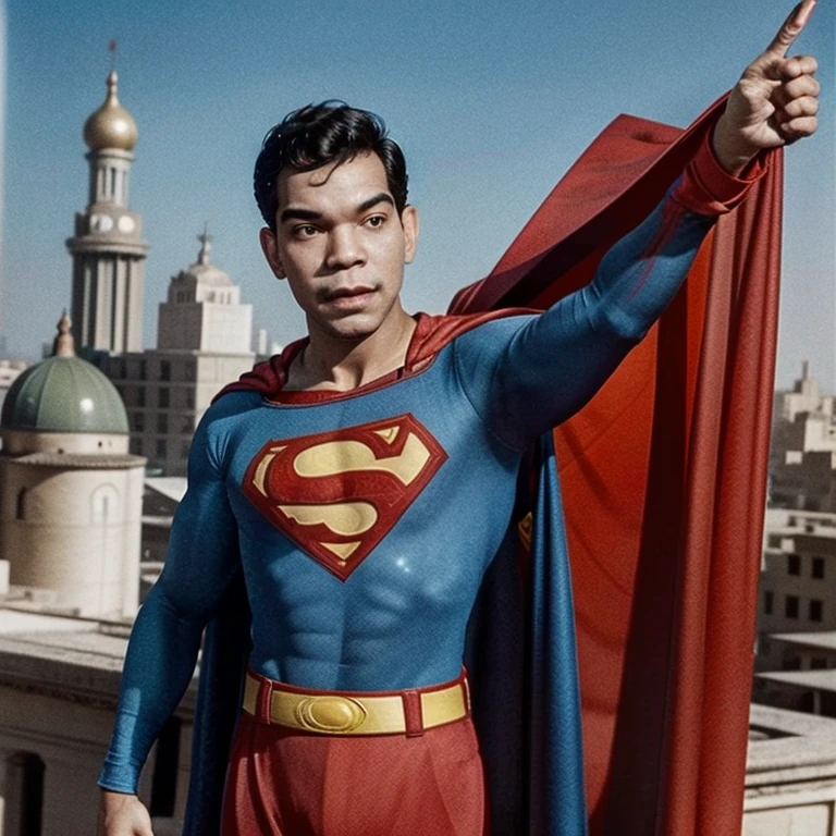 (Best Quality:1.3), masterpiece, Cantinflas dressed as Superman on top of a building with his cape waving, Whole body