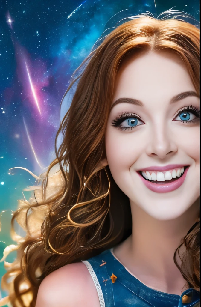 High detail, super detail, super high resolution, girl enjoying her time in the dream galaxy, surrounded by stars, warm light sprinkled on her, background is starry sky with colorful galaxies and galaxy clouds, stars flying around her, delicate face, adding playful atmosphere 
