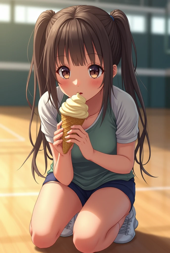 high school gym, girls in volleyball shorts, innocent faces, licking vanilla ice cream cone, eyes looking at camera, long pigtail hair, detailed, ultra realistic, 8k, kneeling down, ice cream on mouth