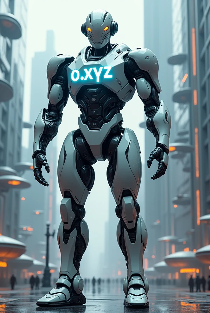 Give me a picture of a futuristic AI robot with the letters O.XYZ and a background scene
