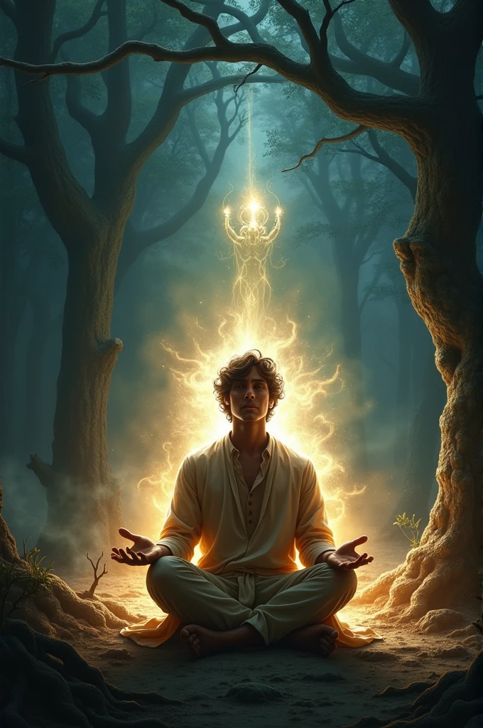 The young man, now full of resolve, sitting cross-legged near the haunted tree, reciting the Hanuman Chalisa with closed eyes. A divine glow surrounds him as he chants, creating a protective aura. The Chudail, who is initially advancing towards him, starts to recoil in fear. The atmosphere is intense, with the contrast between the young man's calmness and the Chudail's growing discomfort