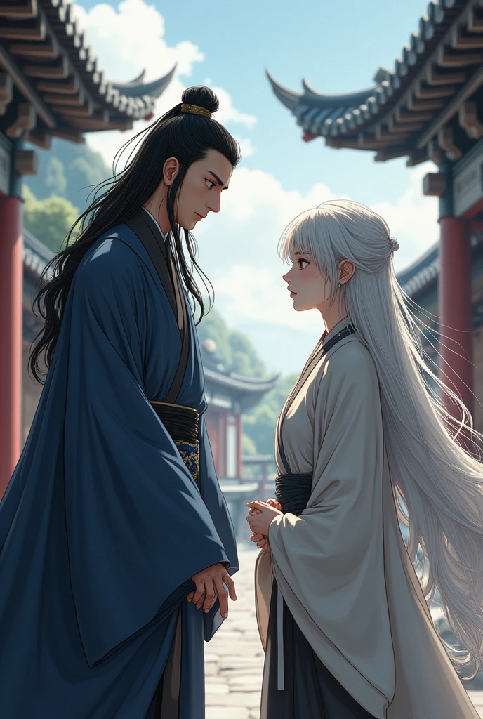 Create an image of two Chinese historical anime male characters, a cold person is looking at a platinum haired person 