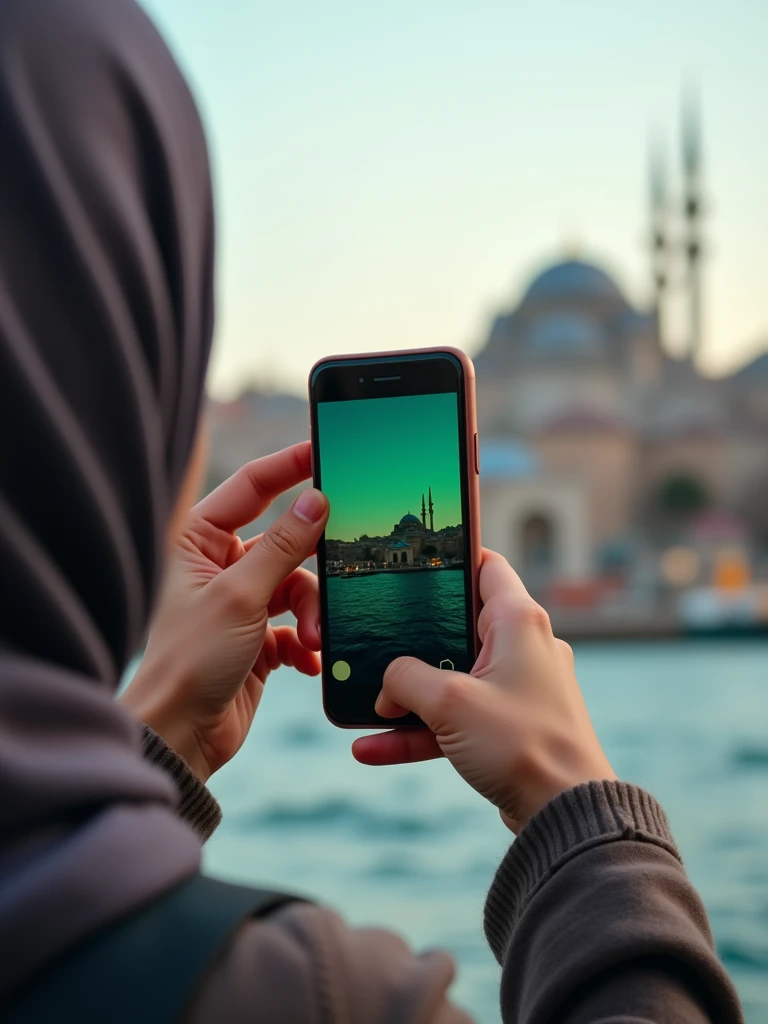 a hijabi girl taking his hands photo while she have phone on his hand in istanbul famuse plases. Show only her hand and phone. Phone while screan is sholud be grean only Realistik 4k.