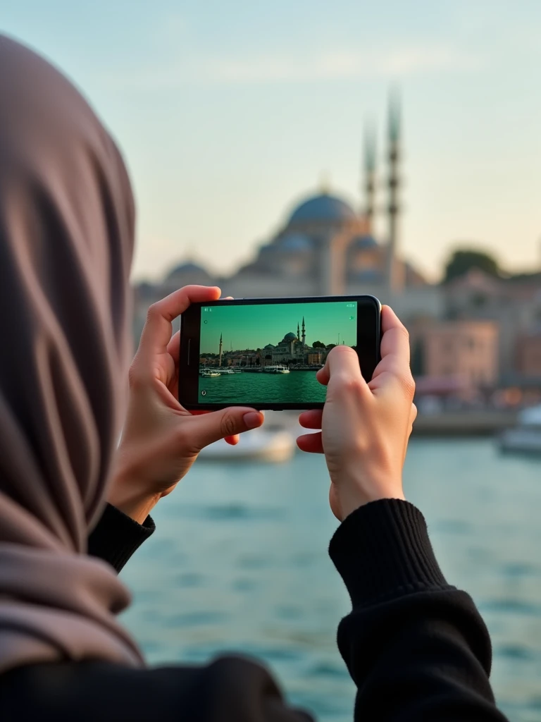 a hijabi girl taking his hands photo while she have  phone on his hand in istanbul famuse plases. Show only her hand and phone. Phone while screan is sholud be grean only Realistik 4k.
