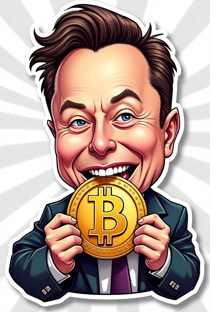 Vector image sticker art of Elon Musk biting Bitcoin medal cartoonistic realistic 