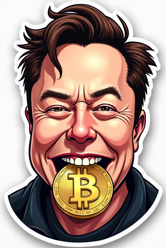 Vector image sticker art of Elon Musk biting Bitcoin medal cartoonistic realistic 