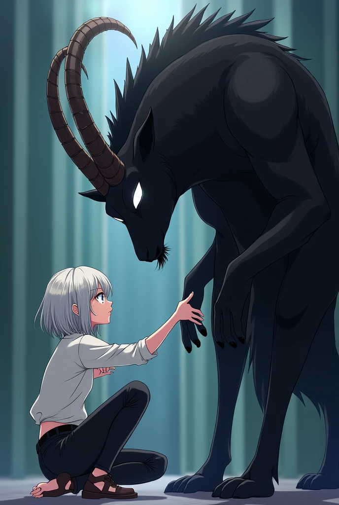 Anime Style Characters:
On the right is a large, dark figure resembling an anthropomorphic goat with demonic features.. It has a completely black body, delgado, and no visible facial details, except for his bright white eyes that stand out on his gloomy face. Its head has two long, twisted horns that give it a disturbing and mysterious appearance.. He is dressed elegantly, He is wearing a dark suit, Although its details blend with its black figure.

at your side, There is a young adult woman, with blue right eye and green left eye, short white hair. She is dressed in a white blouse and black jeans and her expression is cheerful and curious.. She is sitting on the ground and seems to extend her hand towards the dark figure., interacting with him in a friendly and fearless manner, which contrasts sharply with the sinister appearance of the creature.

action:
This interaction expresses a relationship of closeness and trust between the two., Despite the creature&#39;s terrifying appearance.