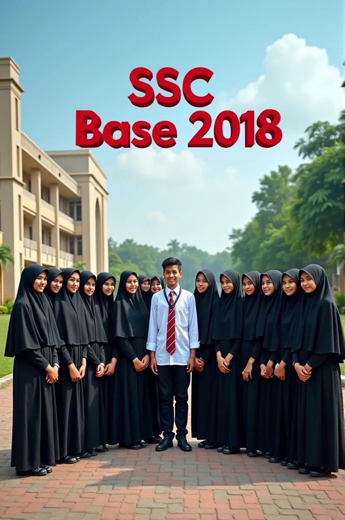 SSC batch boys and girl group photo.
10 girls and 10 boys. One boy side on girl. Andy boys and girls both age 18.Boys in Bangladeshi school dress. And girls in black burkha. 
And written in the sky" SSC base 2018"
With amazing School background.